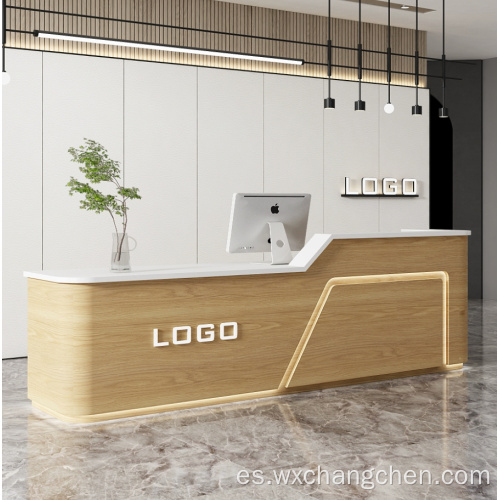 I Shape Club Cashier Solid Wood Beauty Salon Office Bar delantero Descripción de la recepción del mostrador con luz LED